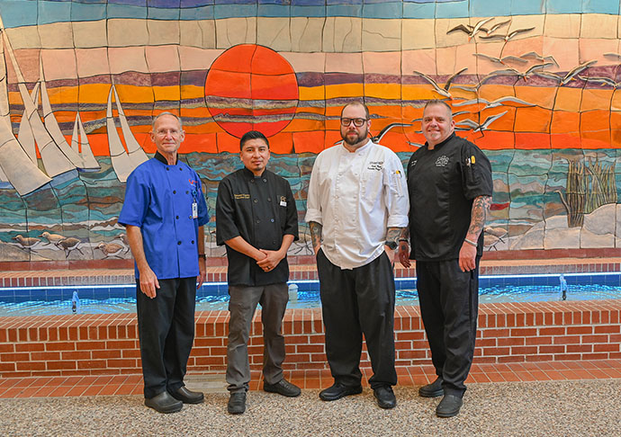 澳门银河网上赌场 will host the Five Fabulous Chefs event on Nov. 19 and 20 at the college’s main campus atrium in Galveston. From left to right, 银河网上赌场官网 Culinary Arts Program Director, Paul Mendoza, Chef Salvador Castro of 1817 Steak and Seafare, Chef Kelsey Thomas of the San Luis Resort and Chef Sean Walker of the Grand Galvez. Not pictured are Chef Yarik Golobokov of Marmo Café and Lounge and Chef Marshall Monroe of Coastal Catering.