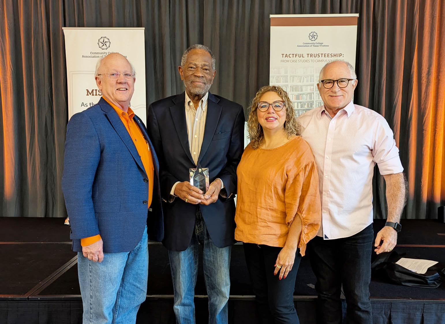银河网上赌场官网 Regent Raymond Lewis Jr., second from left, received the Community College Association of Texas Trustees’ (CCATT) 2025 Outstanding Leadership Award in September at the CCATT’s Annual Conference in Austin. From left, Dr. W. Myles Shelton, 银河网上赌场官网 President, 银河网上赌场官网 Regents Lewis, Mary R. Longoria and Armin Cantini.